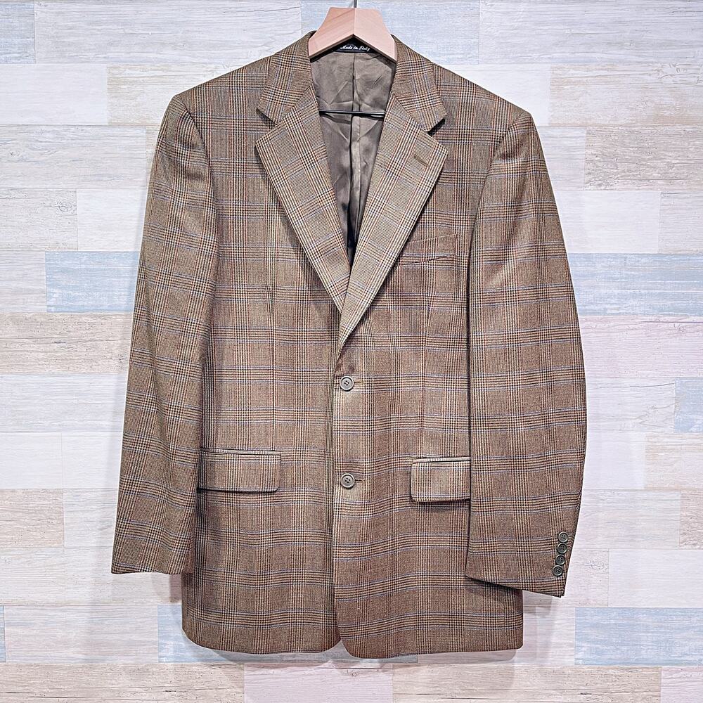 Barneys New York Wool Tweed Sport Coat Tan Brown Plaid Made In Italy Mens 38R